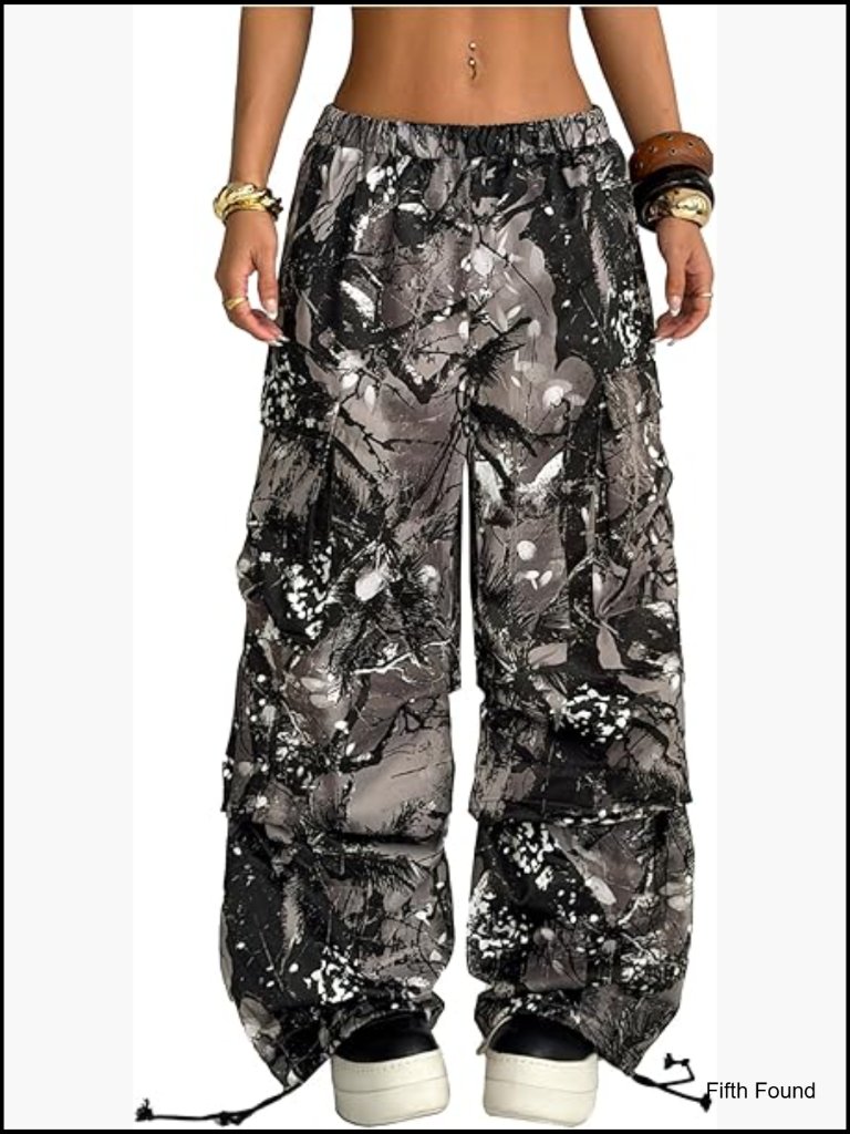 Wide Leg Cargo Pants High Elastic Waist Parachute Trousers Streetwear